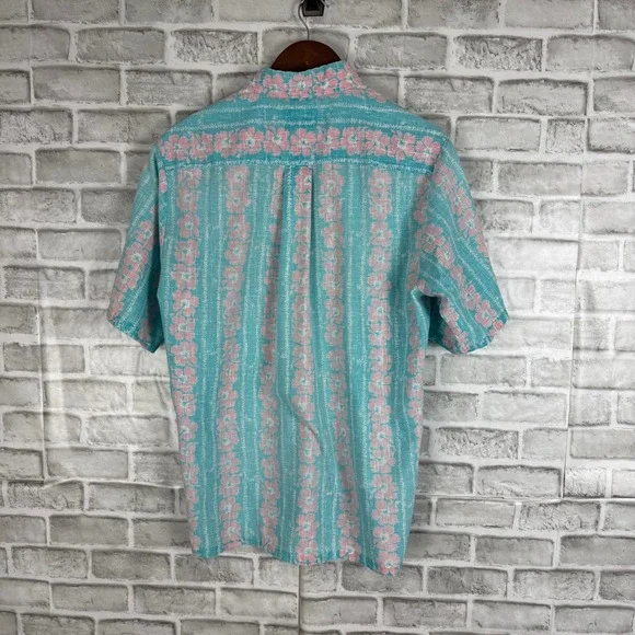 Kahala Vintage Hawaii Mens Medium Blue Pink Floral Stripe Pullover Aloha Shirt - Picture 4 of 6
